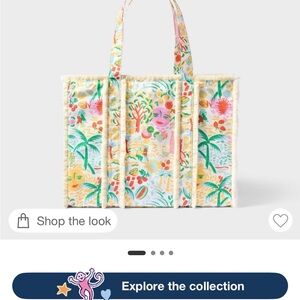 Roller Rabbit Tropical Print Straw-Trim Tote - White, Green, Yellow, Pink